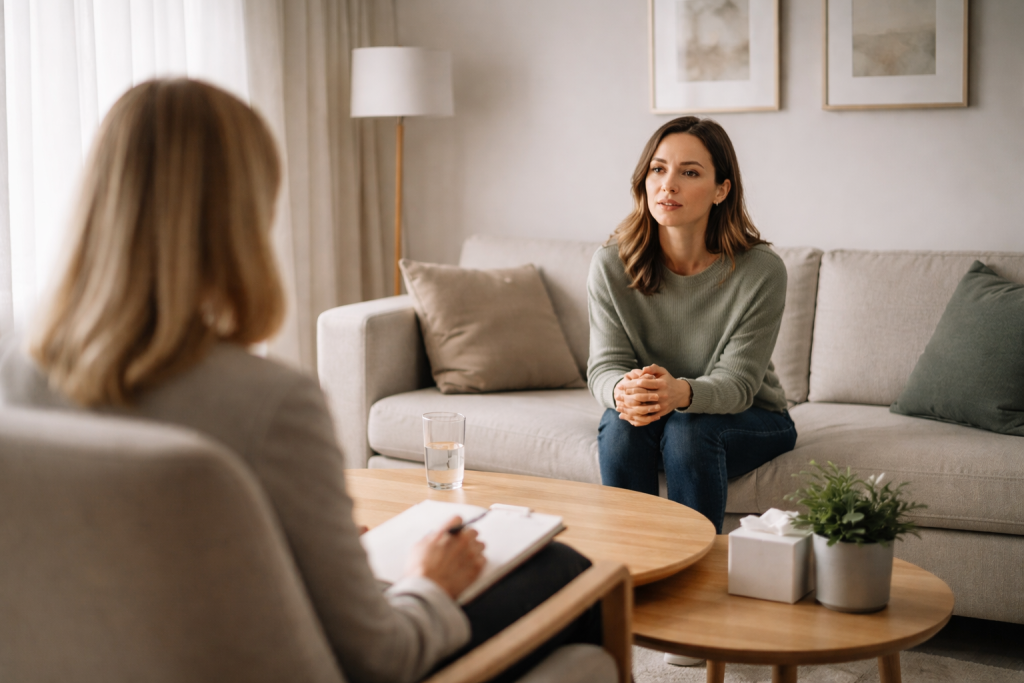 a single woman meets with her relationship coach