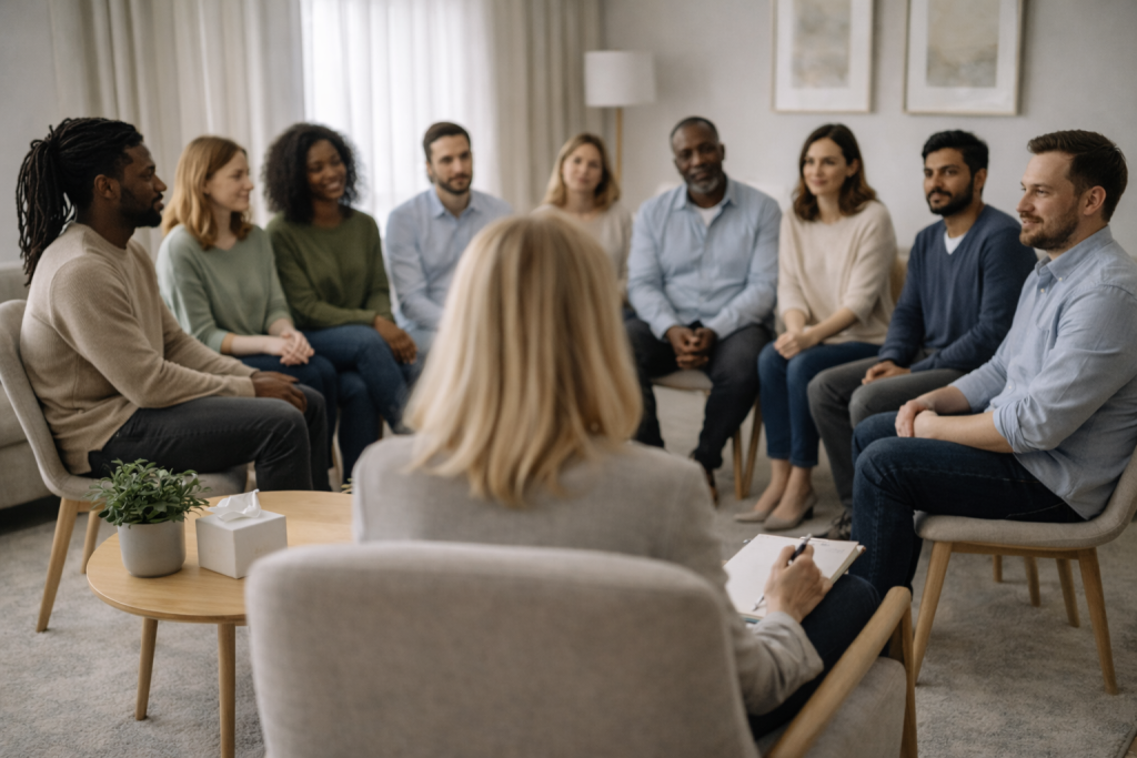 group of polyamory practicing people have a group coaching session