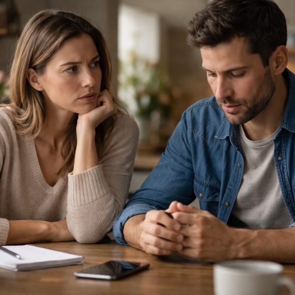 A couple sitting at a kitchen table having a serious conversation after a husband says he wants to be polyamorous